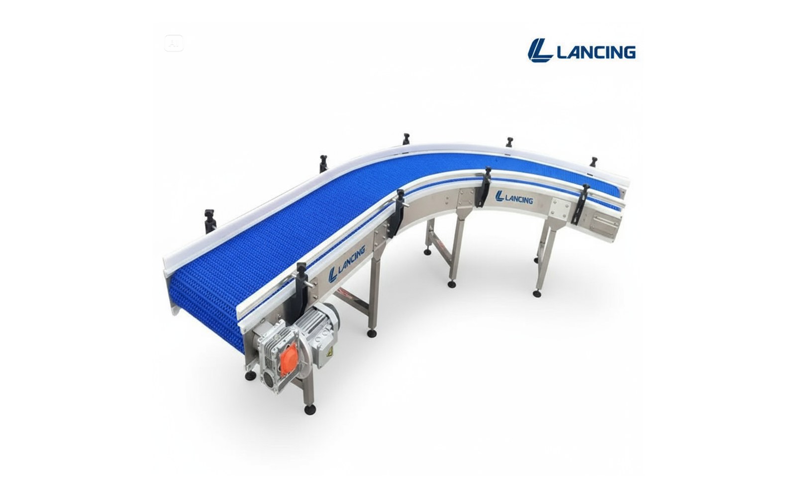 Curved belt conveyor for space saving packaging line routing