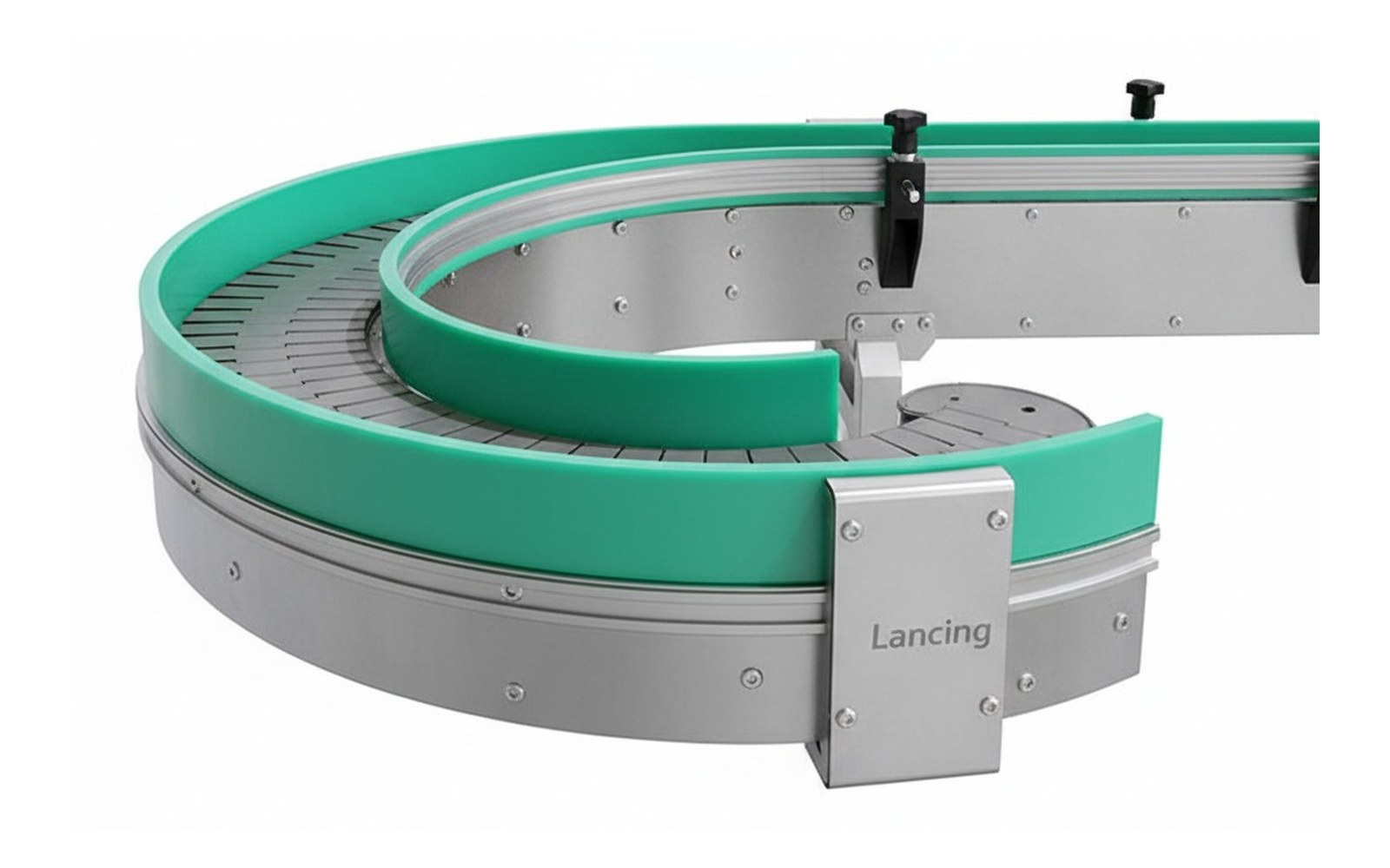 Rotary accumulation table and curved conveyor for bottles and small containers