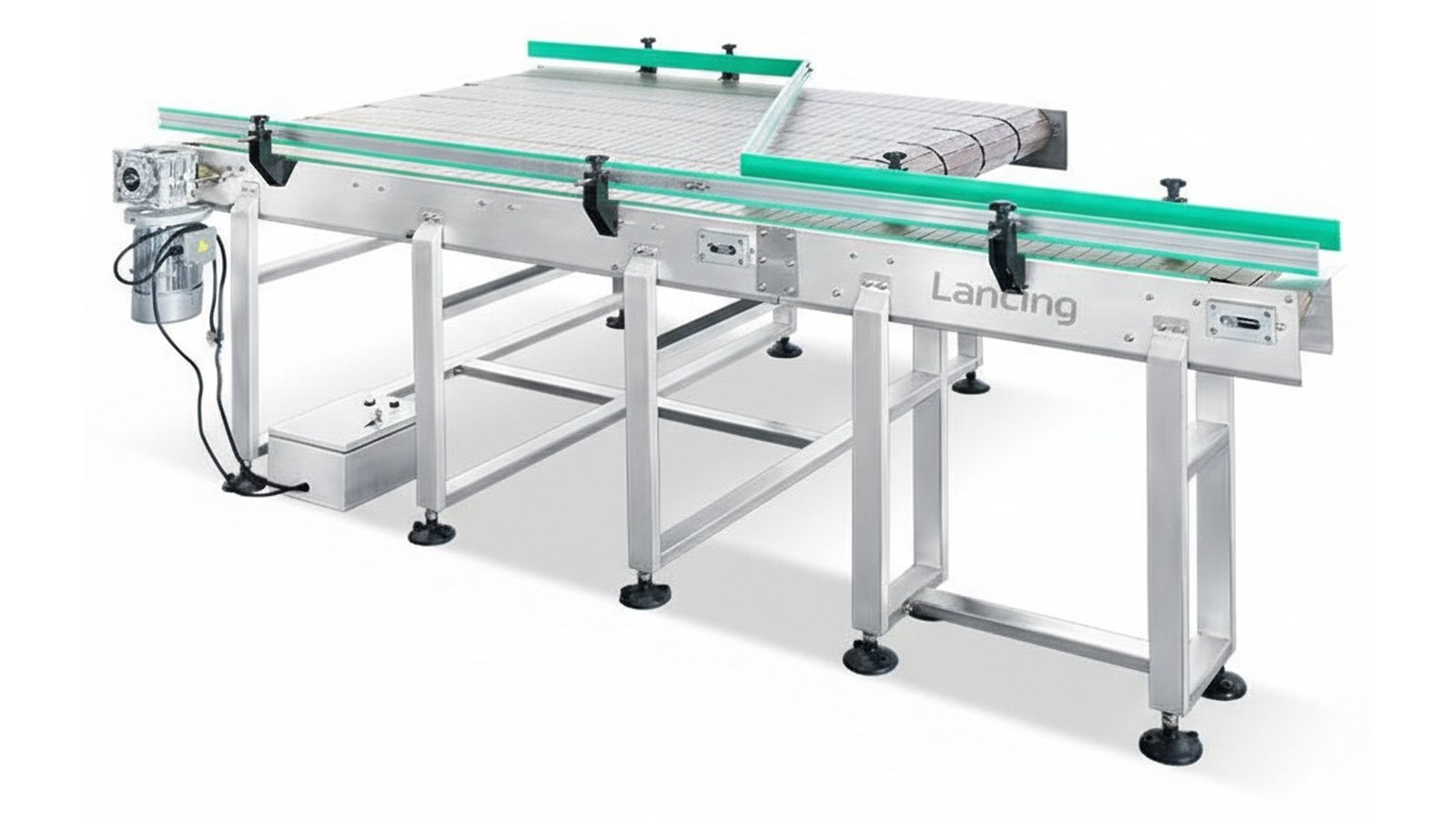 Packaging conveyor system with infeed table and guide rails for UK production lines