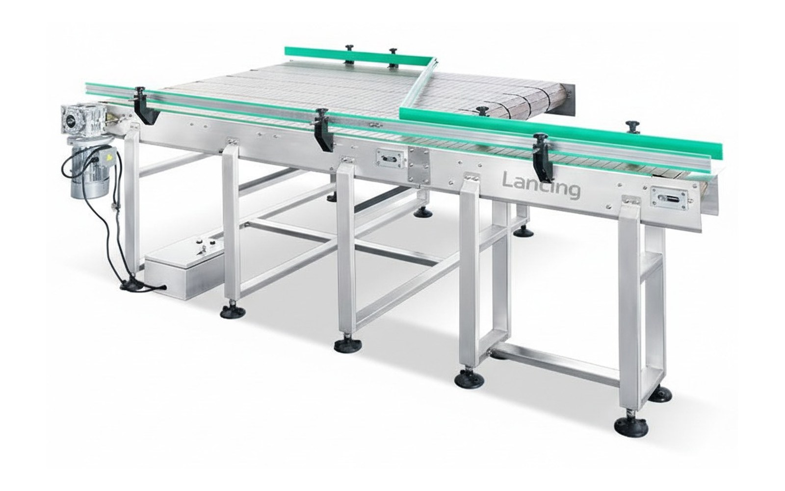Infeed conveyor table with side guides for packaging machines